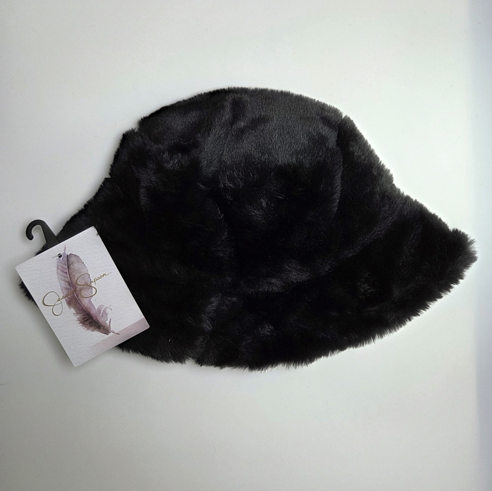 NWT Jessica Simpson Faux Fur Black Bucket Hat - Picture 2 of 3